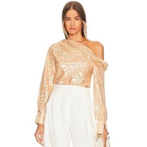 Jonathan Simkhai Alice One Shoulder Long Sleeve Blouse in Apricot Metallic